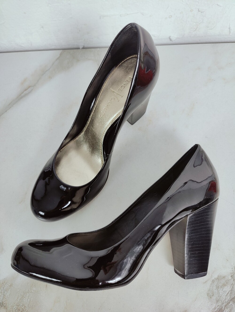 Vince Camuto Mabel Black Patent Leather Block Heel Pumps, Sz 7
